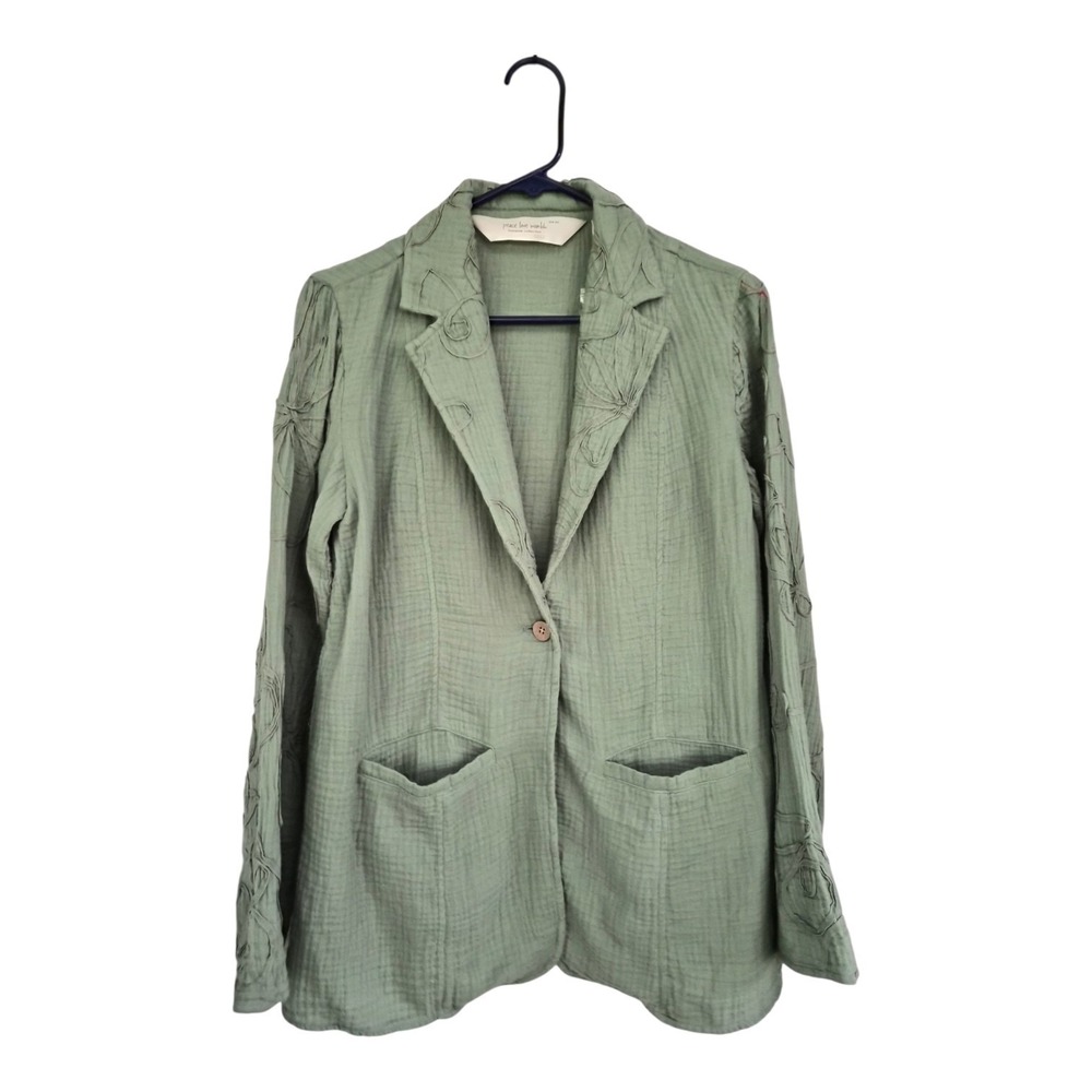 Peace Love World Boheme Blazer XXS Green Cotton Gauze Floral Applique Boho